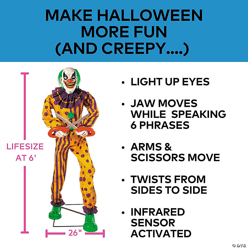 6 Ft. Animated Light-Up Yellow & Black Snippers the Clown Halloween Decoration